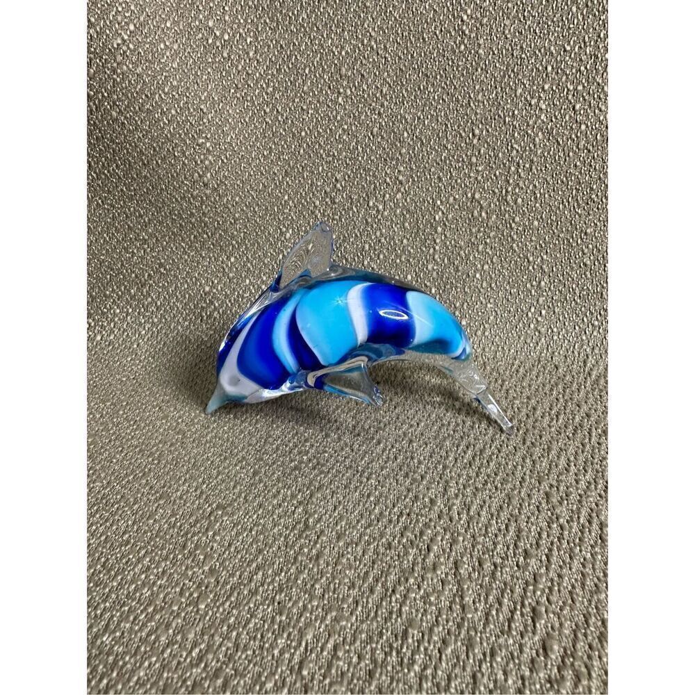 Glass Ocean Blue 4.5” Dolphin Hand Blown Art Paperweight Figurine